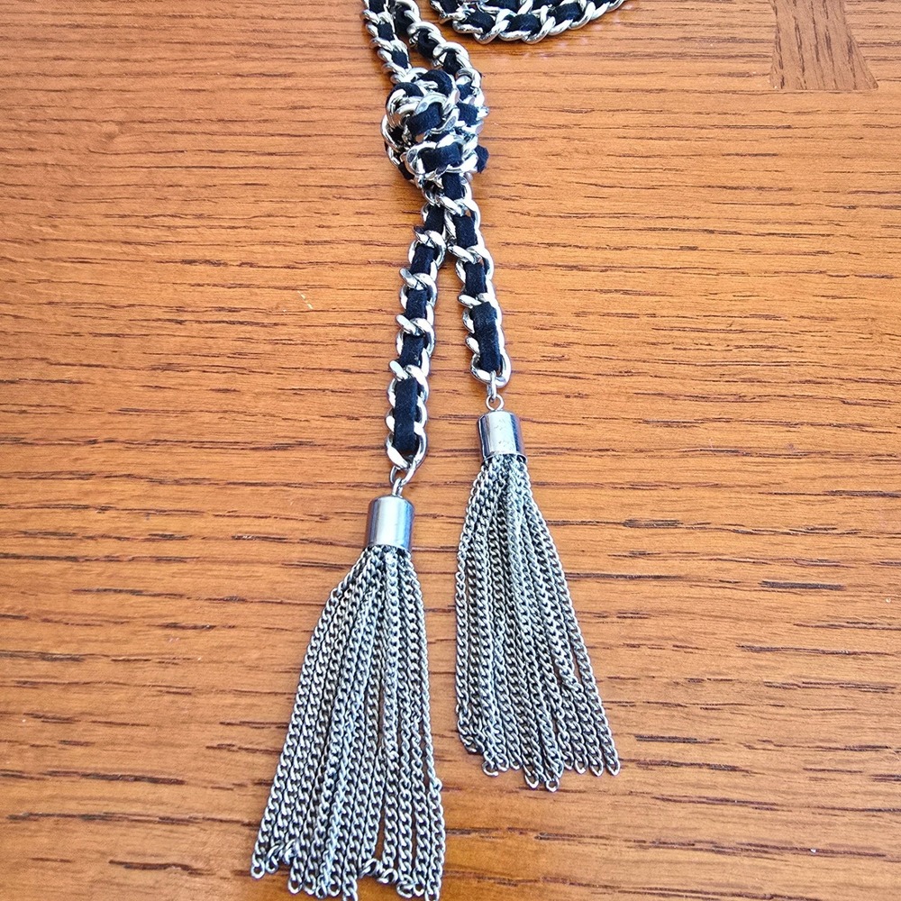 Guess Silver Tone Chain Necklace Black Interwoven Chain Necklace Tassel